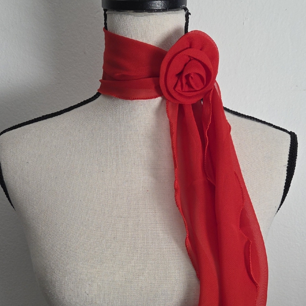 Red Chiffon Scarf with Rose Detail